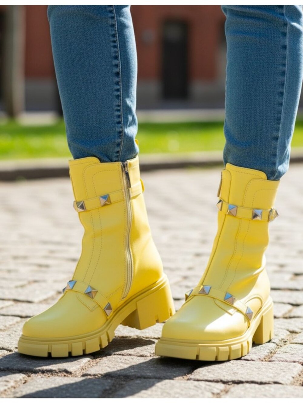 Yellow Studded Chunky Heel Ankle Boots Womens Zip Platform Combat Style